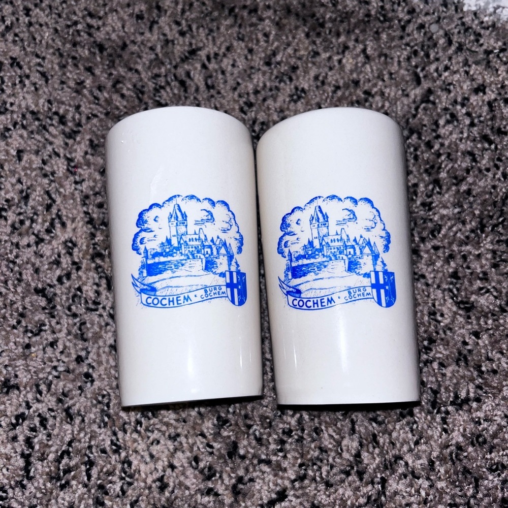 German Burg Cochem "Trink aus Stein den edlen Wein" Ceramic Cup Mug Glass Pair
